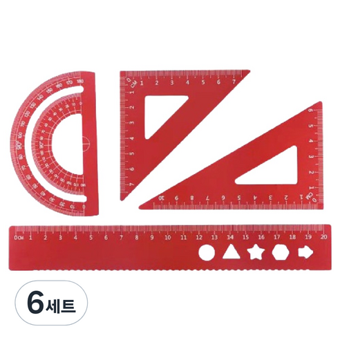 디엔오 스테인레스 삼각자 + 각도기 + 자 세트, 레드, 6세트