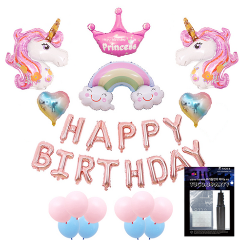 투코비 생일파티 장식 풍선 + 손펌프 + 고정테이프 세트 하트유니콘 그라데이션, 혼합색상, 1세트