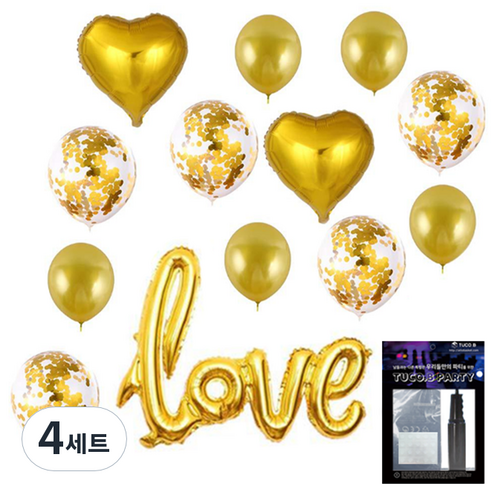 투코비 러브 장식 풍선 + 손펌프 + 고정테이프 세트, 하트 스팽글 가랜드 골드, 4세트