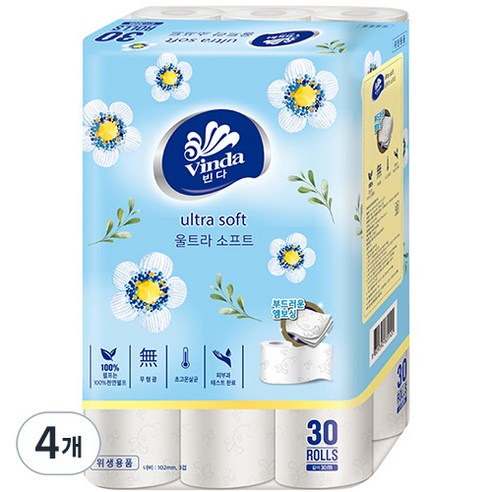 빈다 울트라소프트 천연펄프 3겹 롤화장지, 30m, 30개입, 4개