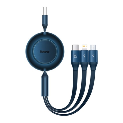 베이스어스 66W 브라이트미러2 3in1 초고속 충전 멀티 데이터 케이블 USB-A 타입 to 5핀+애플 8핀+C타입, 1.1m, 블루, 1개
