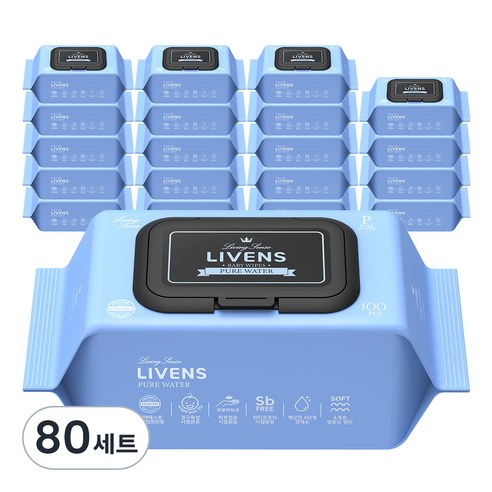 리벤스 유아용 퓨어워터 순수 도톰한 엠보싱 물티슈 캡형, 80세트, 100매, 50g