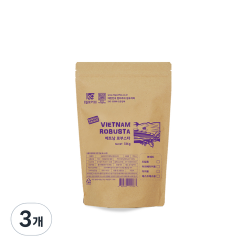 1킬로커피 싱글오리진 베트남 로부스타, 홀빈(분쇄안함), 334g, 3개