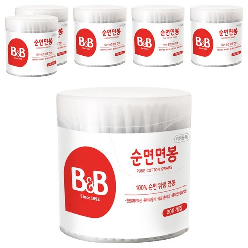 비앤비 원형 유아용 면봉, 200개입, 6개