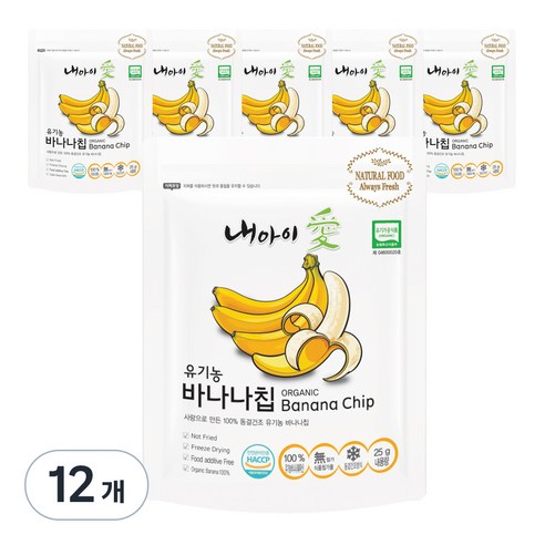 내아이애 동결건조 과일 유기농 바나나칩, 25g, 12개