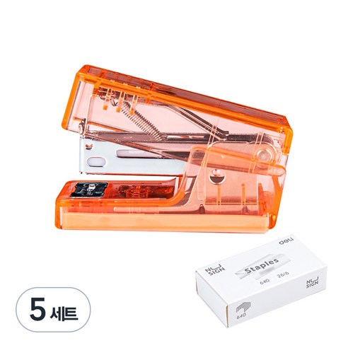 DELI 누사인 투명 미니 스테이플러 + 33호심 세트, 투명 오렌지, 5세트