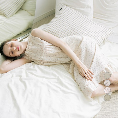 테라우드 여성용 순면 들꽃 퍼프 나시 원피스 잠옷