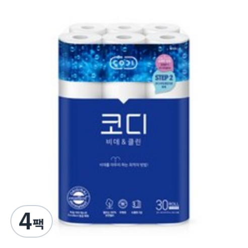 코디 비데앤클린 3겹 천연펄프 화장지 30m, 30개입, 4개
