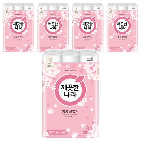 깨끗한나라 3겹 벚꽃 로맨틱 천연펄프 화장지 27m, 30롤, 5개