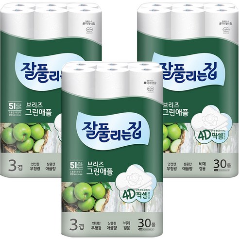 잘풀리는집 브리즈 그린애플 3겹 데코 화장지 25m, 30롤, 3팩