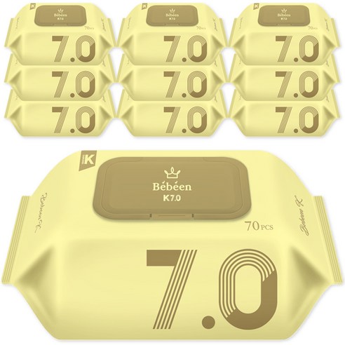 베베앙 K 7.0 아기물티슈 캡형 70gsm, 70매, 10개 – 아기용 물티슈 10팩