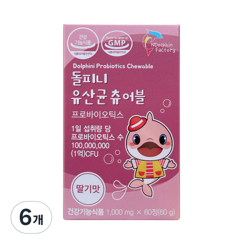 엔돌핀팩토리 돌피니 유산균 츄어블 딸기맛 60g, 60정, 6개