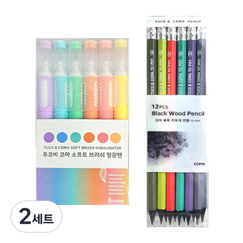 투코비 코마 소프트 브러쉬 형광펜 6종 + 코마 흑목 지우개 연필 TC-P01 B 6종 x 2p 세트, 파스텔퍼플, 파스텔블루, 파스텔그린, 파스텔오렌지, 파스텔핑크, 파스텔옐로우(형광펜), 2세트