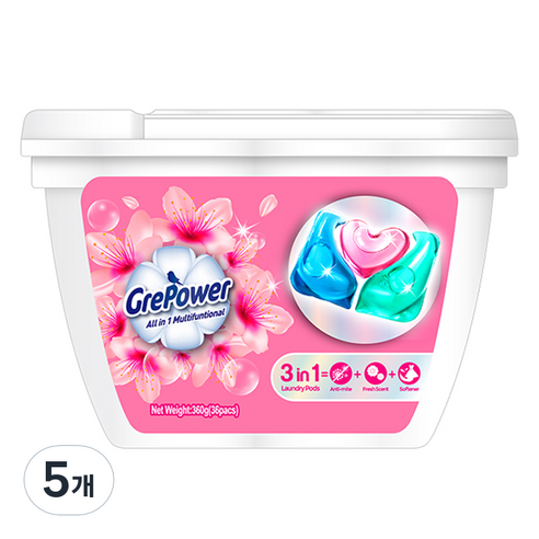 그리파워 3in1 캡슐세제 체리 블로섬 향 360g, 5개, 36개입