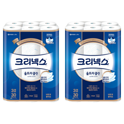 크리넥스 울트라 클린 천연펄프 3겹 고급롤화장지, 27m, 30개입, 2개