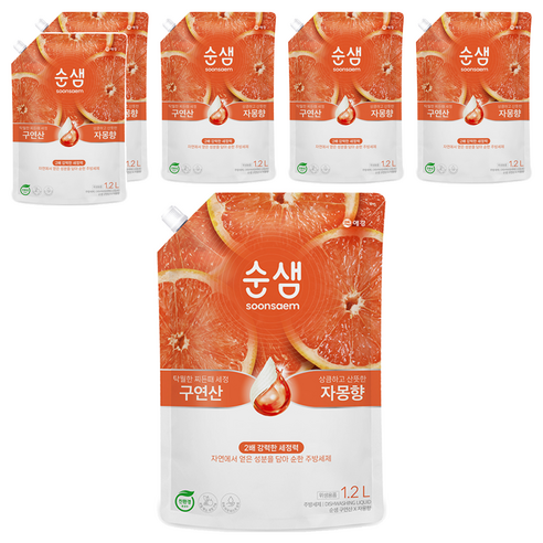 순샘 구연산 자몽 주방세제 리필, 1.2L, 6개
