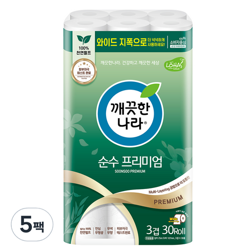 깨끗한나라 순수 프리미엄 천연펄프 3겹 롤화장지, 25m, 30개입, 5개
