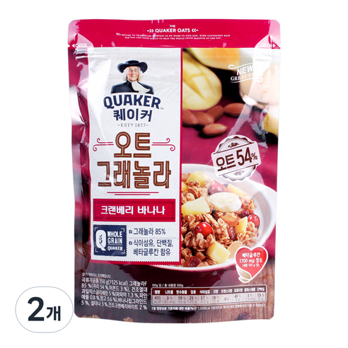 롯데제과 퀘이커 오트 그래놀라 시리얼 크랜베리바나나, 350g, 2개