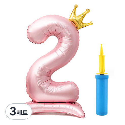 올리브파티 초대형 스탠딩 왕관 숫자 생일풍선 + 손펌프 세트, 핑크(숫자2), 3세트