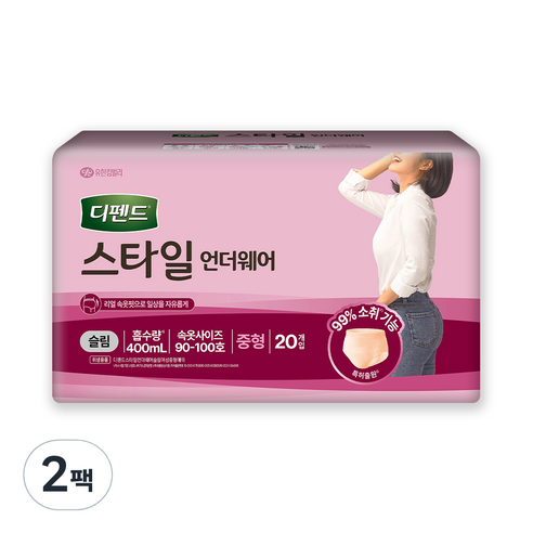 디펜드 여성용 스타일 언더웨어 슬림 성인기저귀, 중형, 20개입, 2개