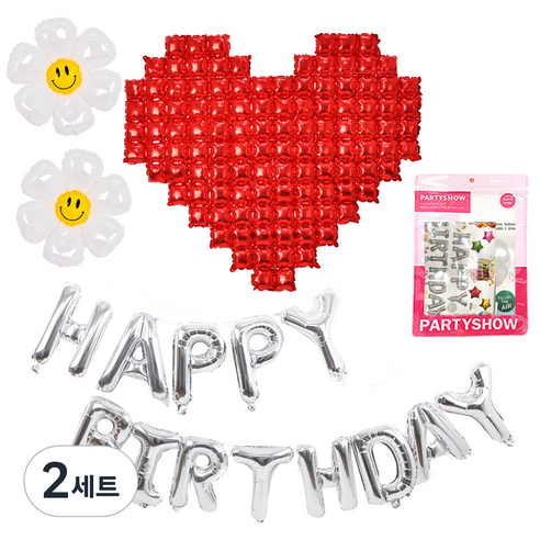 파티쇼 빅하트 레드 기념일 생일실버 데이지 풍선 세트, 레드 + 실버, 2세트