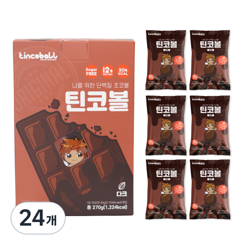 틴코볼 무설탕 단백질 프로틴 다이어트 간식 다크 초코볼 1박스, 24개, 45g