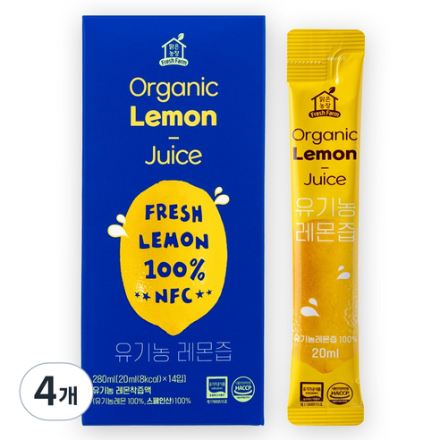 맑은농장 NFC 착즙 유기농 레몬즙 14p, 4개, 280ml