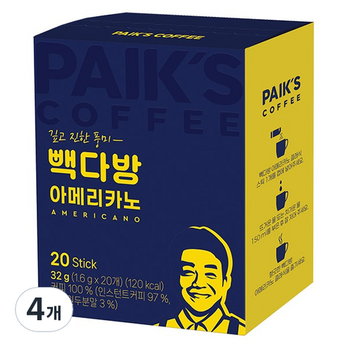빽다방 아메리카노 스틱커피, 1.6g, 20개입, 4개
