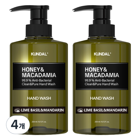 쿤달 허니 앤 마카다미아 클린 앤 퓨어 핸드워시 라임바질 앤 만다린향, 258ml, 4개