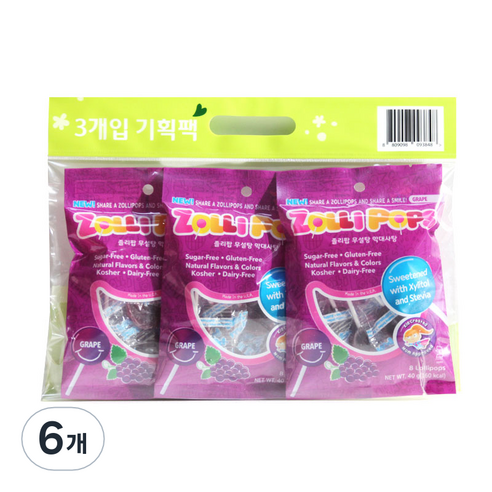 졸리팝 무설탕 막대사탕 포도맛, 40g, 6개
