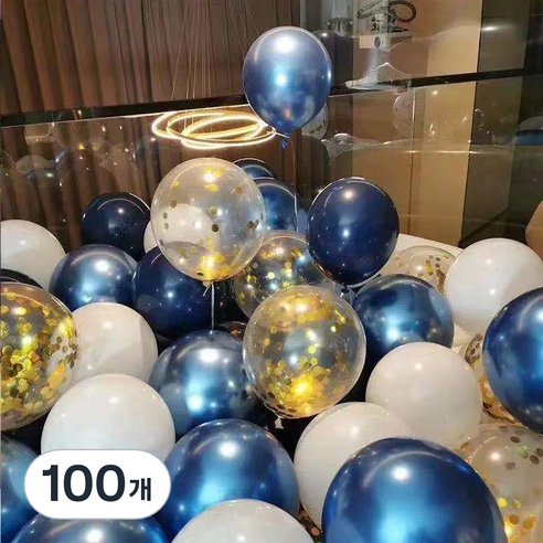 팡파티 파티풍선 + 공기주입기, 블루 앤 화이트, 100개