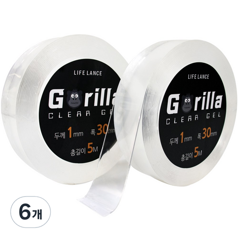 고릴라 클리어겔 실리콘 방수 대용량 양면테이프 두께 1mm x 폭 30mm x 총길이 5m, 6개