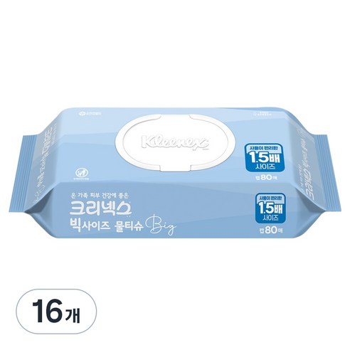 크리넥스 빅사이즈 물티슈 캡형, 45g, 80매, 16개