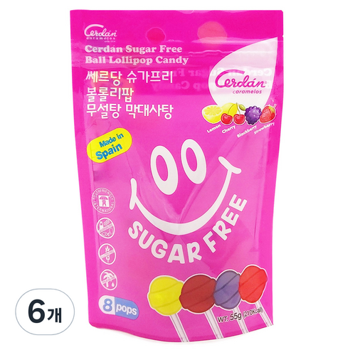 쎄르당 슈가프리 볼롤리팝 무설탕 막대사탕 8p, 55g, 6개