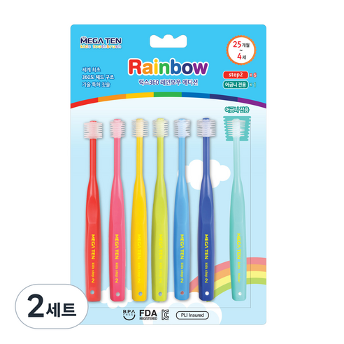 메가텐 키즈 360 레인보우 어린이 유아칫솔 2단계 6P + 어금니케어 1P, 2세트, 혼합색상, 7개입