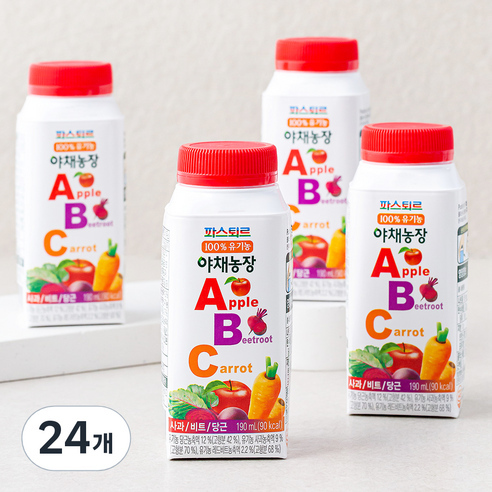 파스퇴르 유기농 제품 인증을 받은 야채농장 ABC의 과일 주스, 190ml, 24팩 
생수/음료