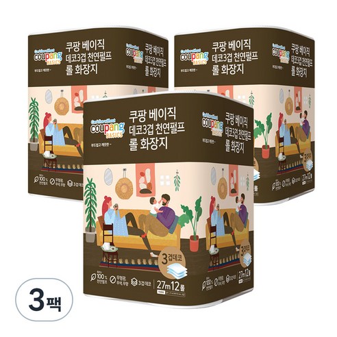 쿠팡베이직 데코3겹 롤화장지 27m 12롤, 12개입, 3개