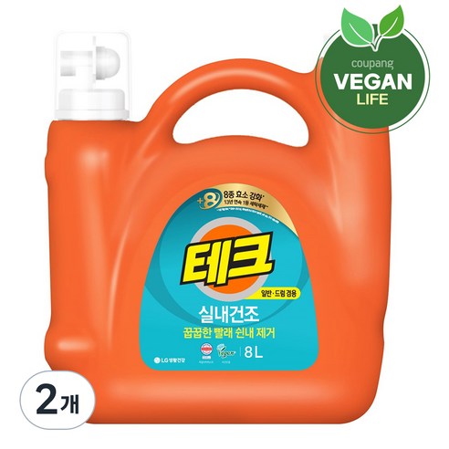 테크 실내건조 세탁세제 일반드럼 겸용 본품, 8L, 2개