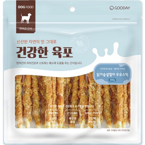 굿데이 건강한육포 강아지 간식, 닭가슴살 + 우유 혼합맛, 300g, 1개