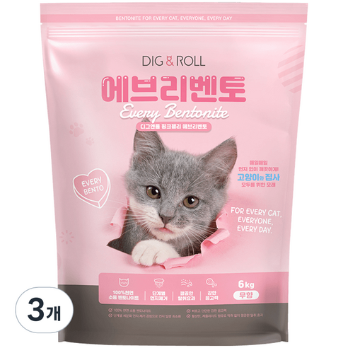 디그앤롤 에브리벤토 나이트 고양이 모래, 6kg, 3개, 무향
