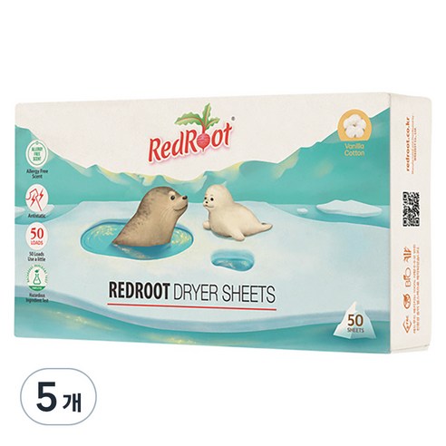 레드루트 건조기시트 섬유유연제 바닐라코튼향, 5개, 50매