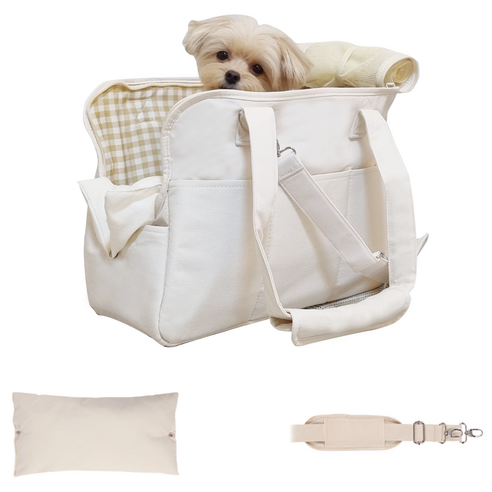 난펫 강아지 기내용 슬링백 산책 이동 가방 + 쿠션 + 크로스끈 세트, 아이보리
