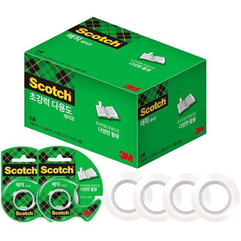 쓰리엠 스카치 매직테이프 디스펜서 2개 + 리필 4롤 18mm x 20m, 반투명, 1세트