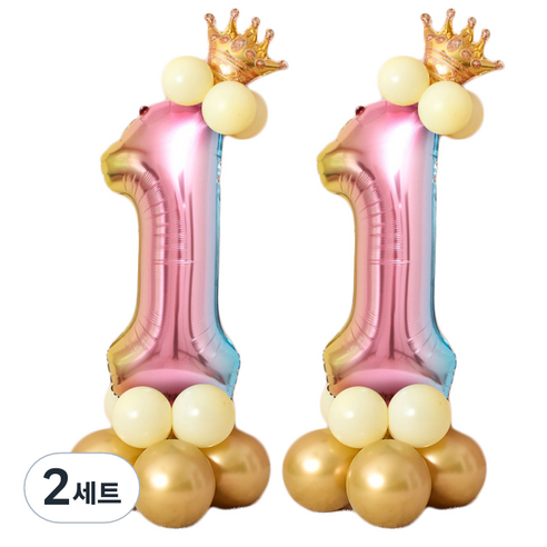 컬러풀 왕관 숫자 기둥 1 풍선세트, 골드(왕관), 2세트
