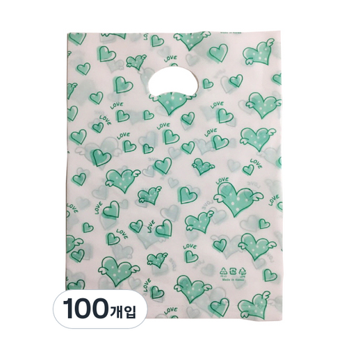 팩스타 펀칭 비닐 포장봉투 가로 25cm x 세로 35cm PE25, 연두하트, 100개입