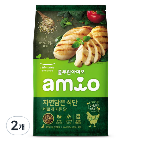 풀무원아미오 전연령 강아지 자연담은 식단 건식사료, 닭, 1kg, 2개