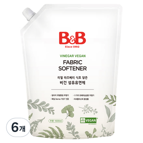 비앤비 유아용 비건 섬유 유연제 리필형, 1.5L, 6개