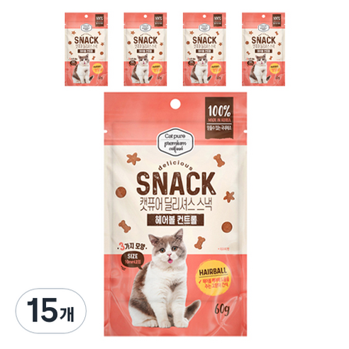 캣퓨어 고양이 딜리셔스 스낵, 15개, 60g, 헤어볼 컨트롤