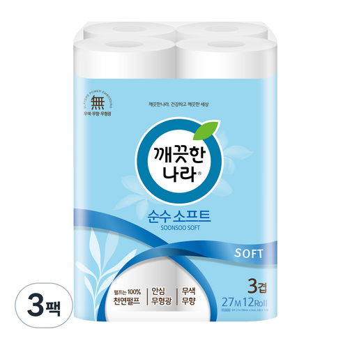 깨끗한나라 순수 소프트 화장지 27m, 12롤, 3팩