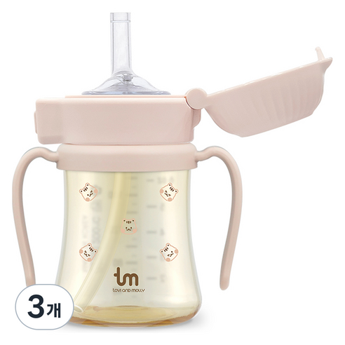 토비앤몰리 PPSU 돗람이 원터치 락 빨대컵 180ml, 핑크, 3개